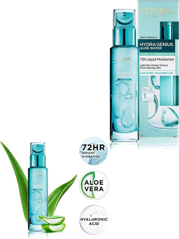 سرم آبرسان پوست نرمال و خشک آب آلوئه ورا رنگ آبی لورال LOreal Hydra Genius Aloe Water